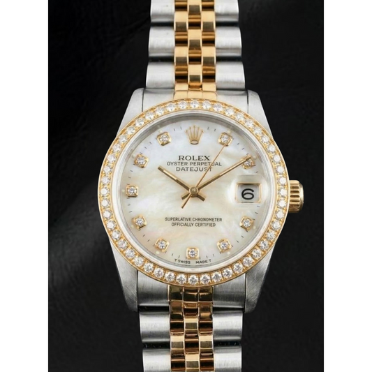 Rolex Datejust Year 2000 White Mother Of Pearl Diamond Dial 31 mm Two Tone Watch