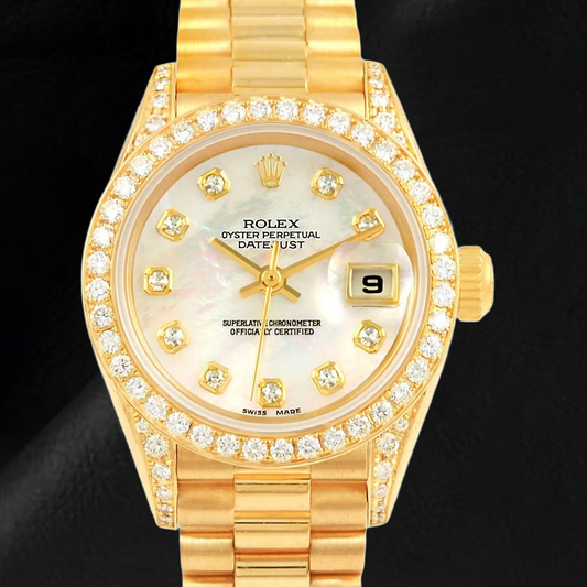 Rolex Datejust Year 2003 White Mother Of Pearl Diamond Dial 26 mm Yellow Gold Ladies Watch