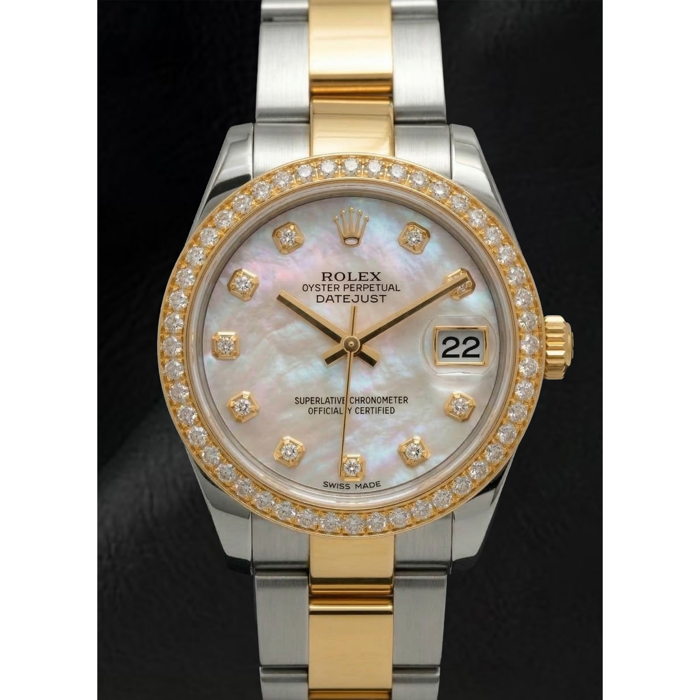 Rolex Datejust Year 2011 White Mother Of Pearl Diamond Dial Diamond Bezel 31 mm Two Tone Watch