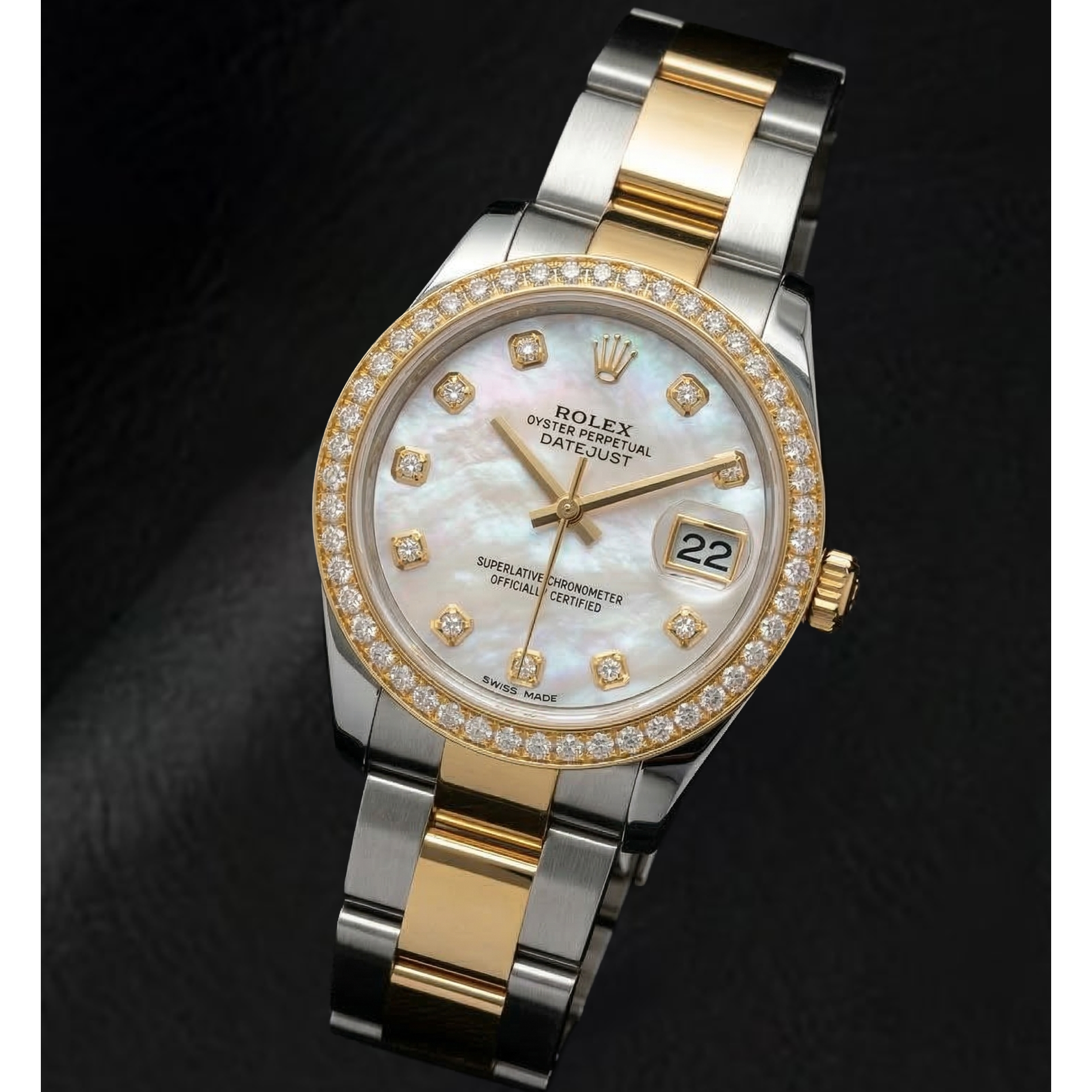 Rolex Datejust Year 2011 White Mother Of Pearl Diamond Dial Diamond Bezel 31 mm Two Tone Watch