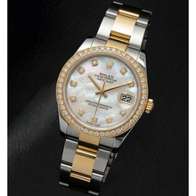 Rolex Datejust Year 2011 White Mother Of Pearl Diamond Dial Diamond Bezel 31 mm Two Tone Watch