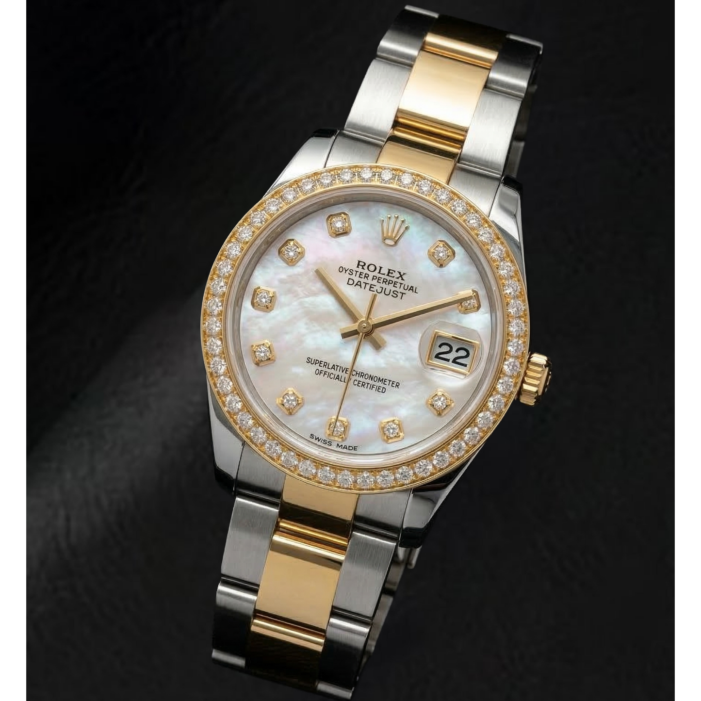 Rolex Datejust Year 2011 White Mother Of Pearl Diamond Dial Diamond Bezel 31 mm Two Tone Watch