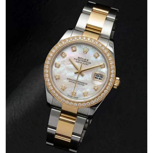 Rolex Datejust Year 2011 White Mother Of Pearl Diamond Dial Diamond Bezel 31 mm Two Tone Watch