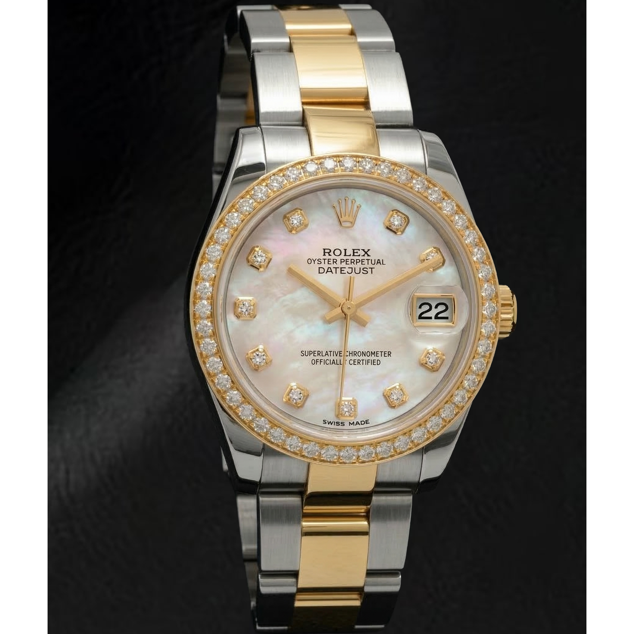 Rolex Datejust Year 2011 White Mother Of Pearl Diamond Dial Diamond Bezel 31 mm Two Tone Watch
