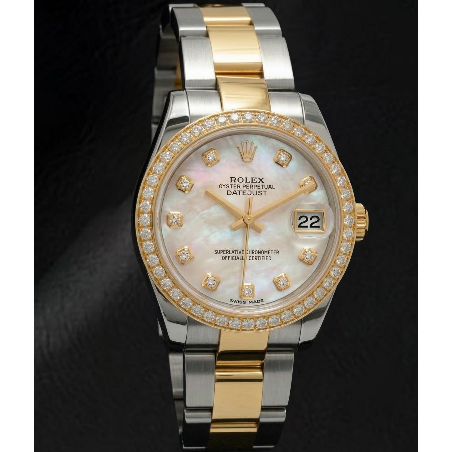 Rolex Datejust Year 2011 White Mother Of Pearl Diamond Dial Diamond Bezel 31 mm Two Tone Watch