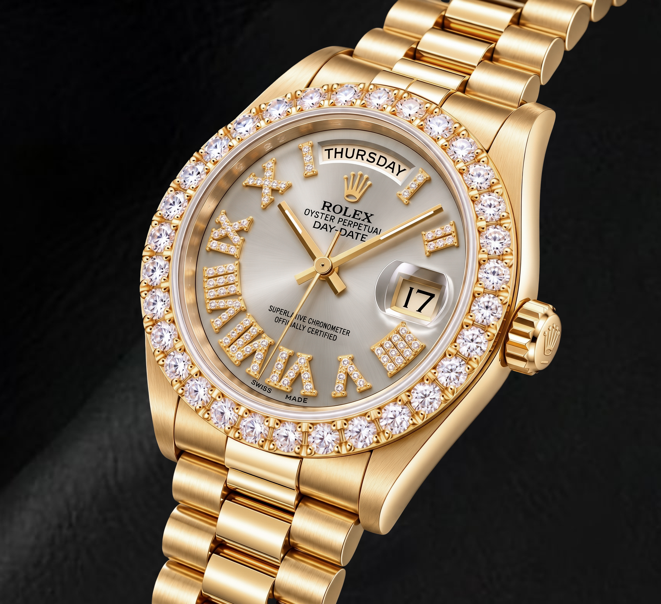 Rolex Day-Date 18038 36mm Silver Roman Diamond Dial Yellow Gold Watch