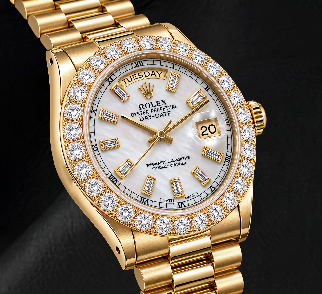 Rolex Day-Date 18038 36mm White Mother of Pearl Diamond Dial 18K Yellow Gold Watch