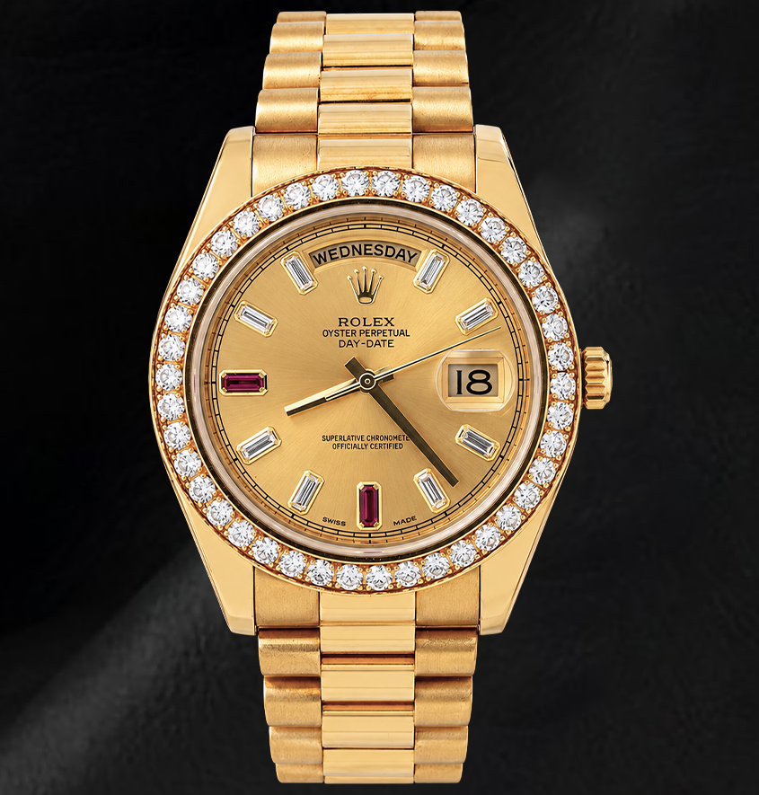 Rolex Day Date II  218348 41mm Champagne Baguette Diamond Dial Yellow Gold Watch 18K