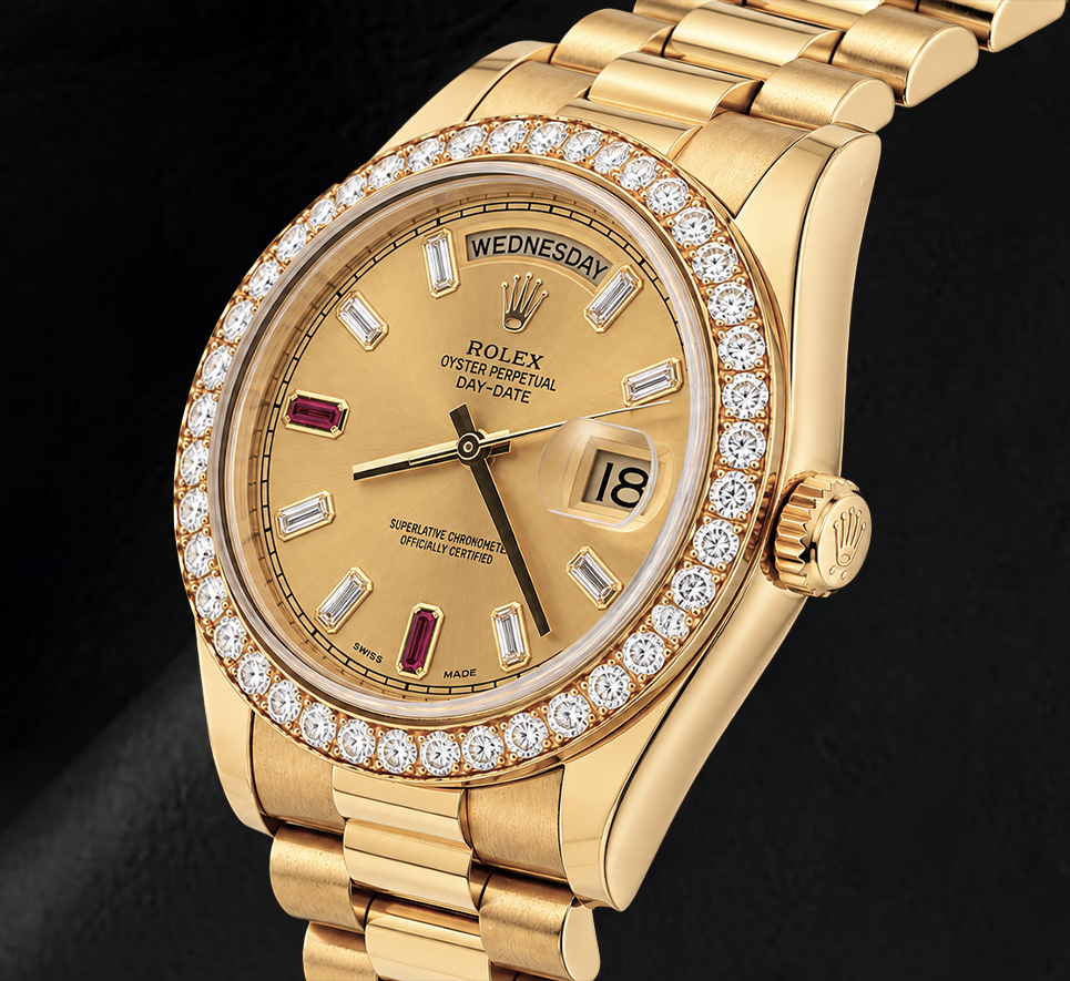 Rolex Day Date II  218348 41mm Champagne Baguette Diamond Dial Yellow Gold Watch 18K