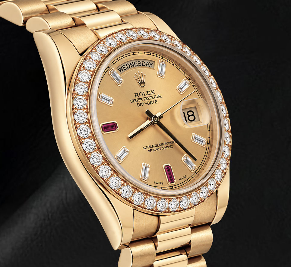 Rolex Day Date II  218348 41mm Champagne Baguette Diamond Dial Yellow Gold Watch 18K