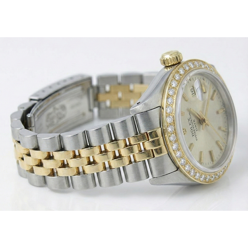 Rolex Diamond Bezel White Stick Dial Watch Ss G Jubilee Bracelet
