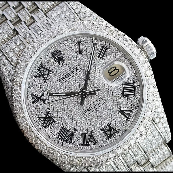 Rolex Iced Out Diamond 12 Carat 36mm Roman Dial Stainless Steel Watch