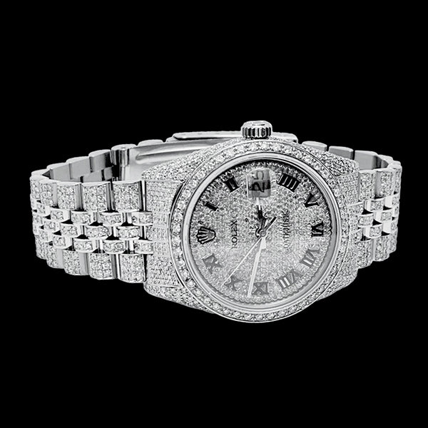 Rolex Iced Out Diamond 12 Carat 36mm Roman Dial Stainless Steel Watch