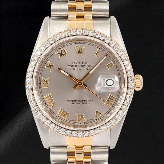 Rolex Dj Diamond Bezel Men's Watch Two Tone Jubilee Gray Roman Dial