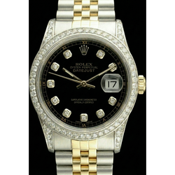 Rolex Dj Quick Set No Holes Natural Earth Mined Diamond Bezel Black Dial Ss Bracelet