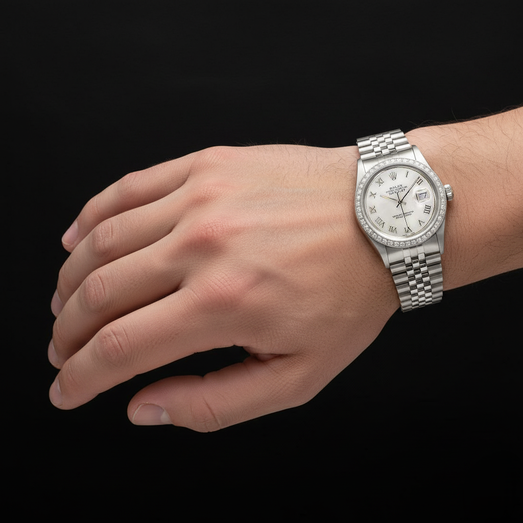 Rolex Dj White Mop Roman Dial Diamond Bezel Ss Jubilee Bracelet QUICK SET