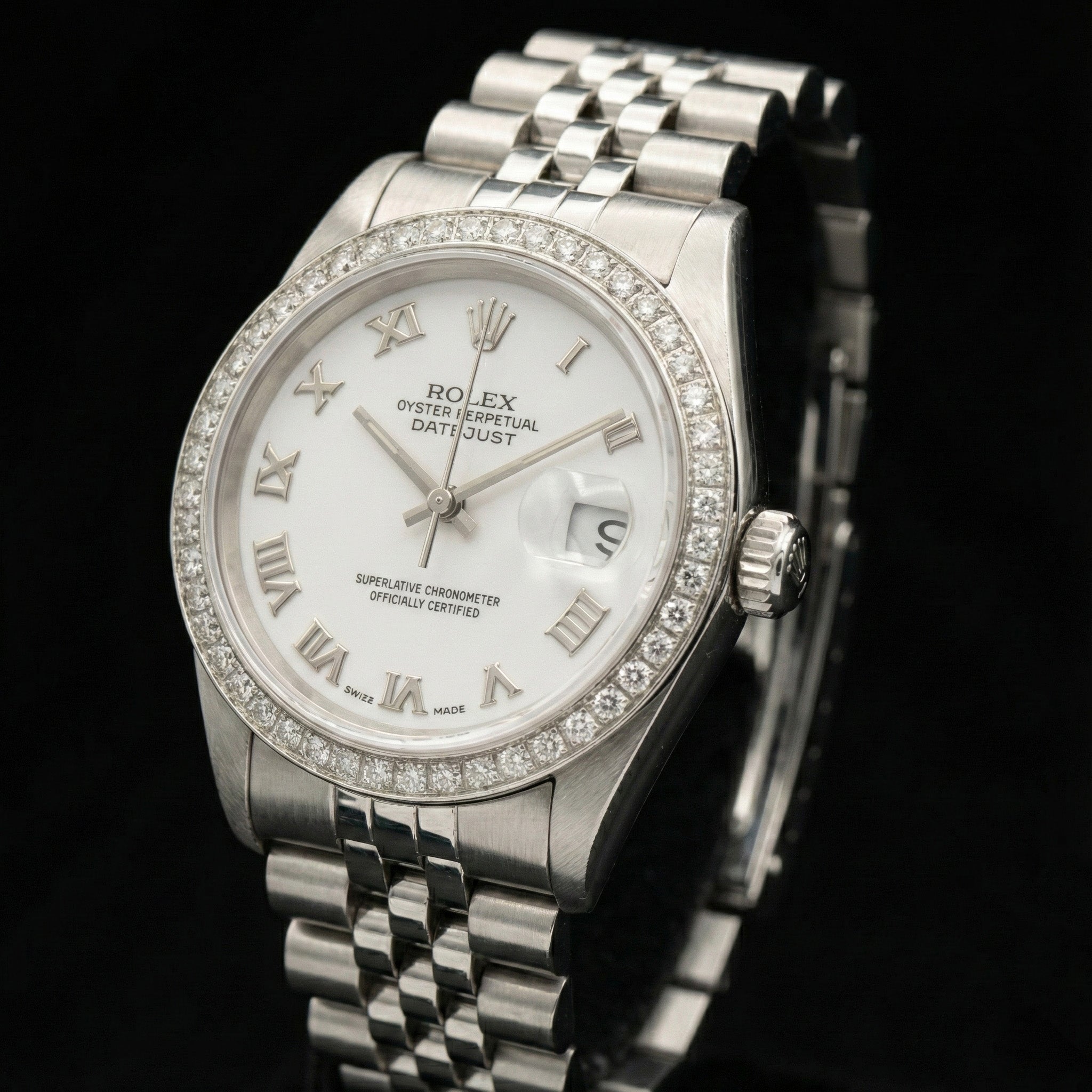 Rolex Dj White Mop Roman Dial Diamond Bezel Ss Jubilee Bracelet QUICK SET