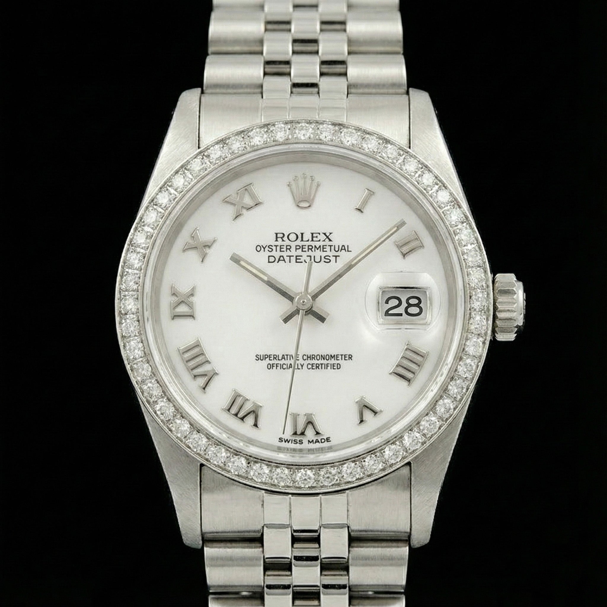 Rolex Dj White Mop Roman Dial Diamond Bezel Ss Jubilee Bracelet QUICK SET
