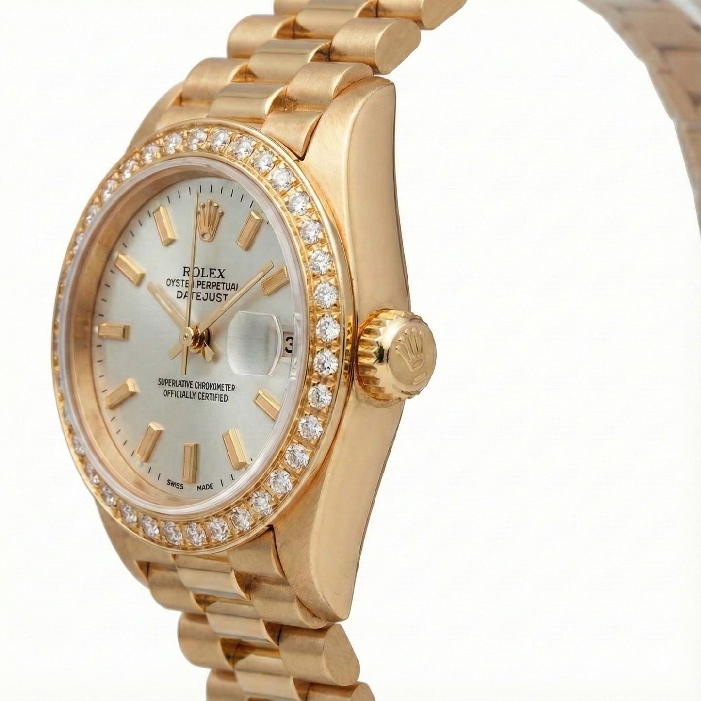 Rolex Dj White Stick Dial President Style Watch Natural Earth Mined Diamond Bezel Gold