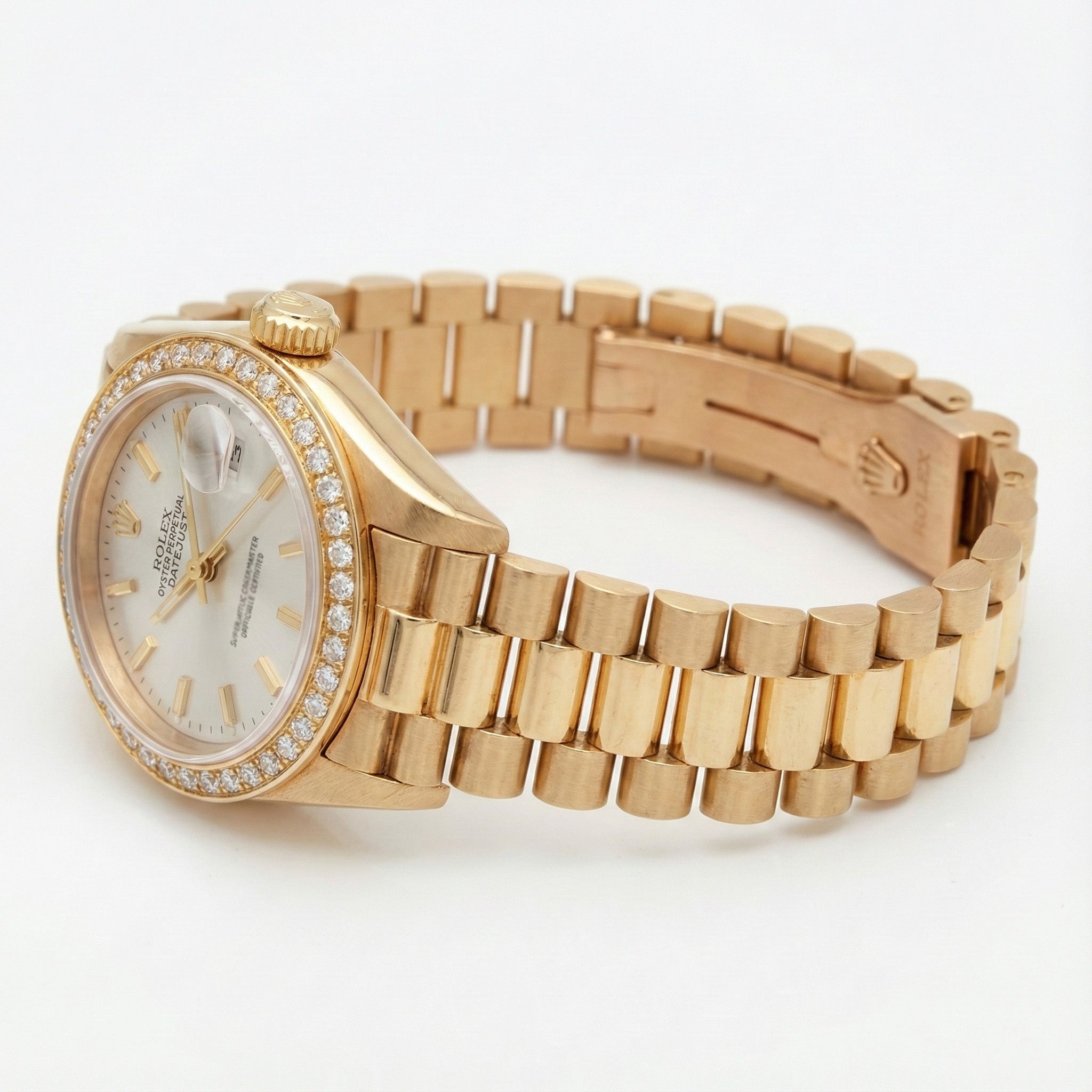 Rolex Dj White Stick Dial President Style Watch Natural Earth Mined Diamond Bezel Gold