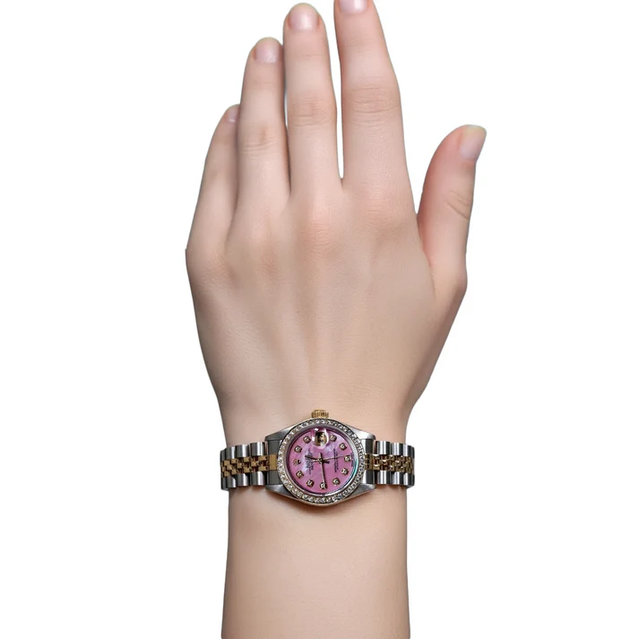 Rolex Ladies 18K Yellow Gold Pink Dial set Natural Earth Mined Diamond Watch
