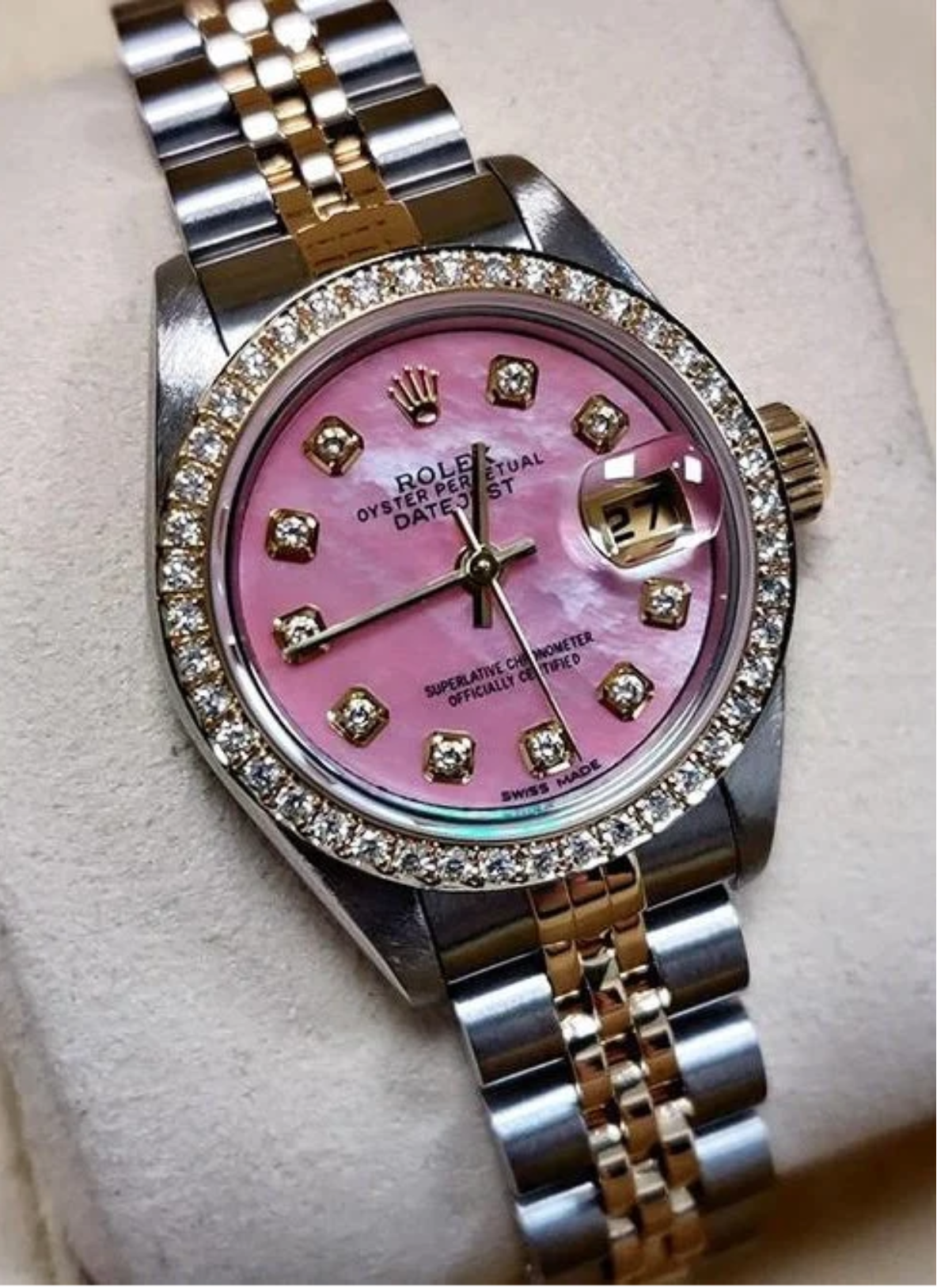 Rolex Ladies 18K Yellow Gold Pink Dial set Natural Earth Mined Diamond Watch