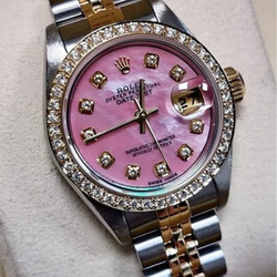 Rolex Ladies 18K Yellow Gold Pink Dial set Natural Earth Mined Diamond Watch