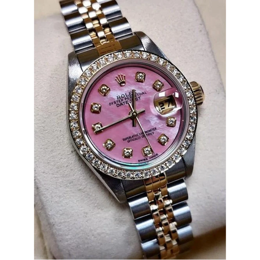 Rolex Ladies 18K Yellow Gold Pink Dial set Natural Earth Mined Diamond Watch