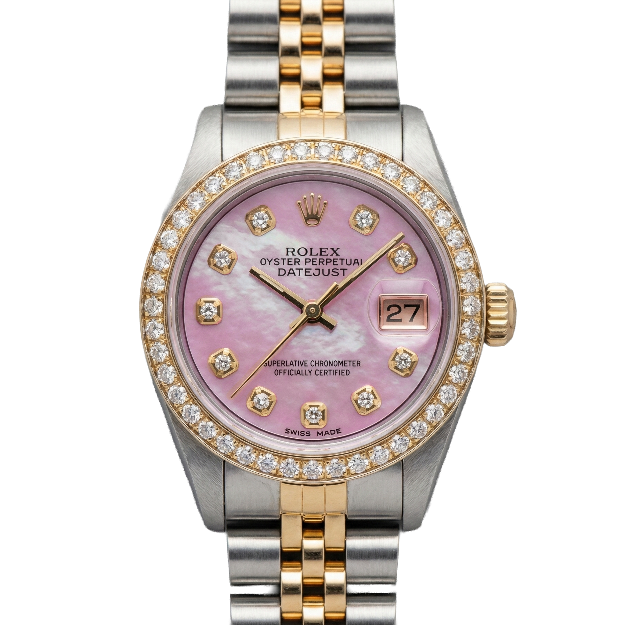 Rolex Ladies 18K Yellow Gold Pink Dial set Natural Earth Mined Diamond Watch