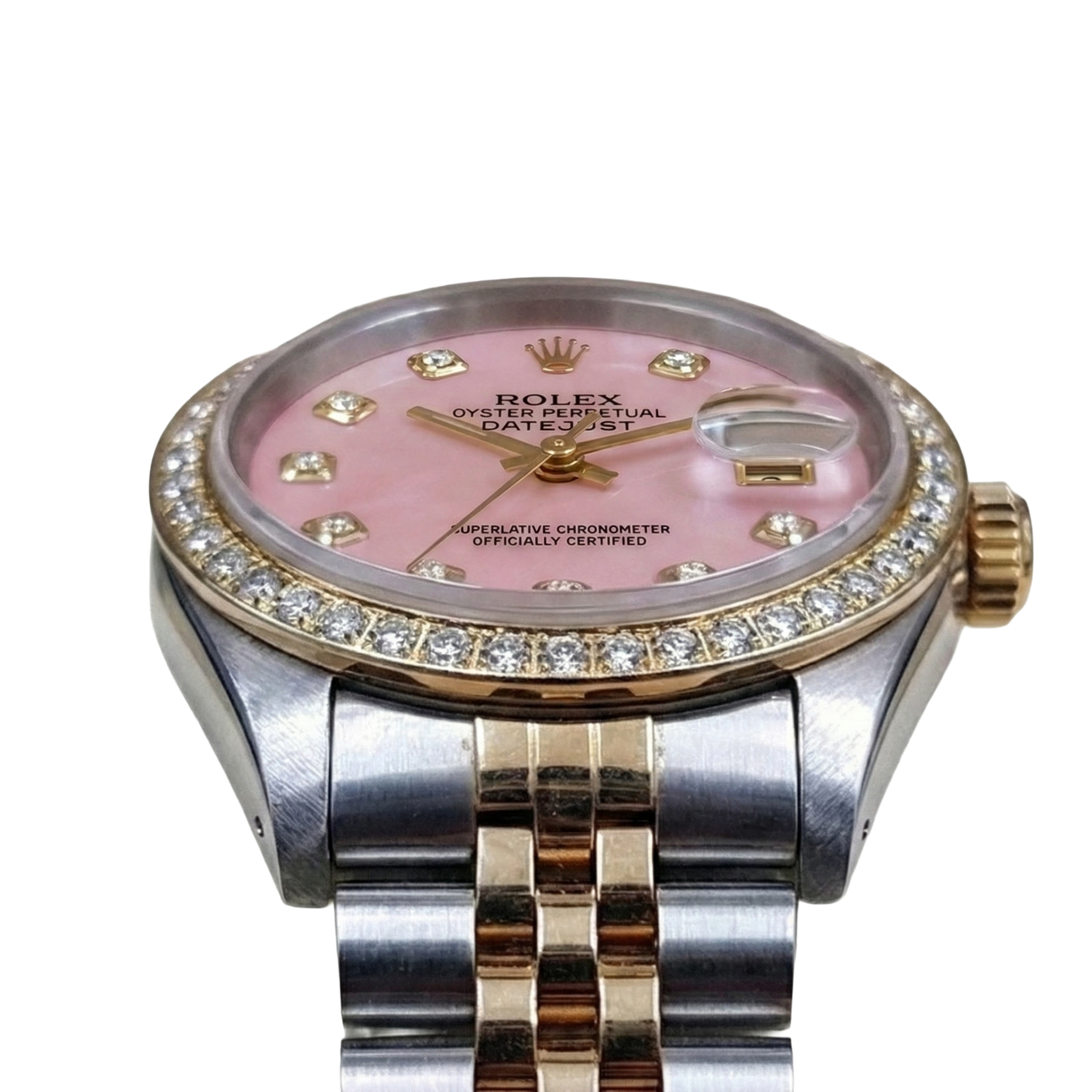 Rolex Ladies 18K Yellow Gold Pink Dial set Natural Earth Mined Diamond Watch