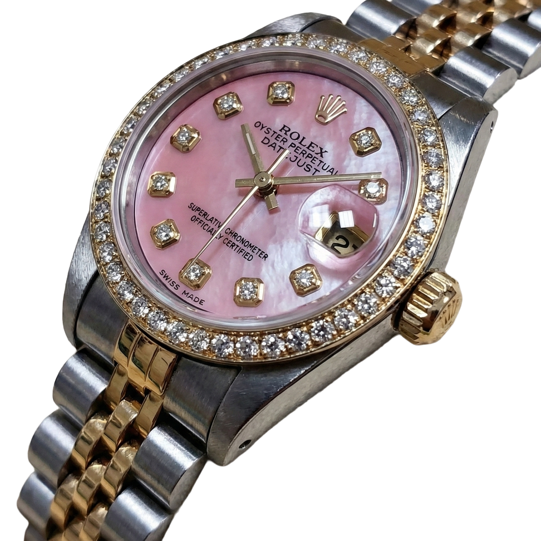 Rolex Ladies 18K Yellow Gold Pink Dial set Natural Earth Mined Diamond Watch