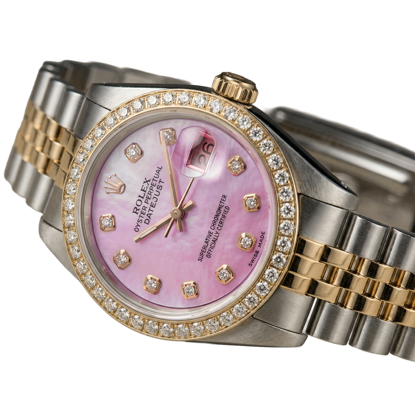 Rolex Ladies 18K Yellow Gold Pink Dial set Natural Earth Mined Diamond Watch