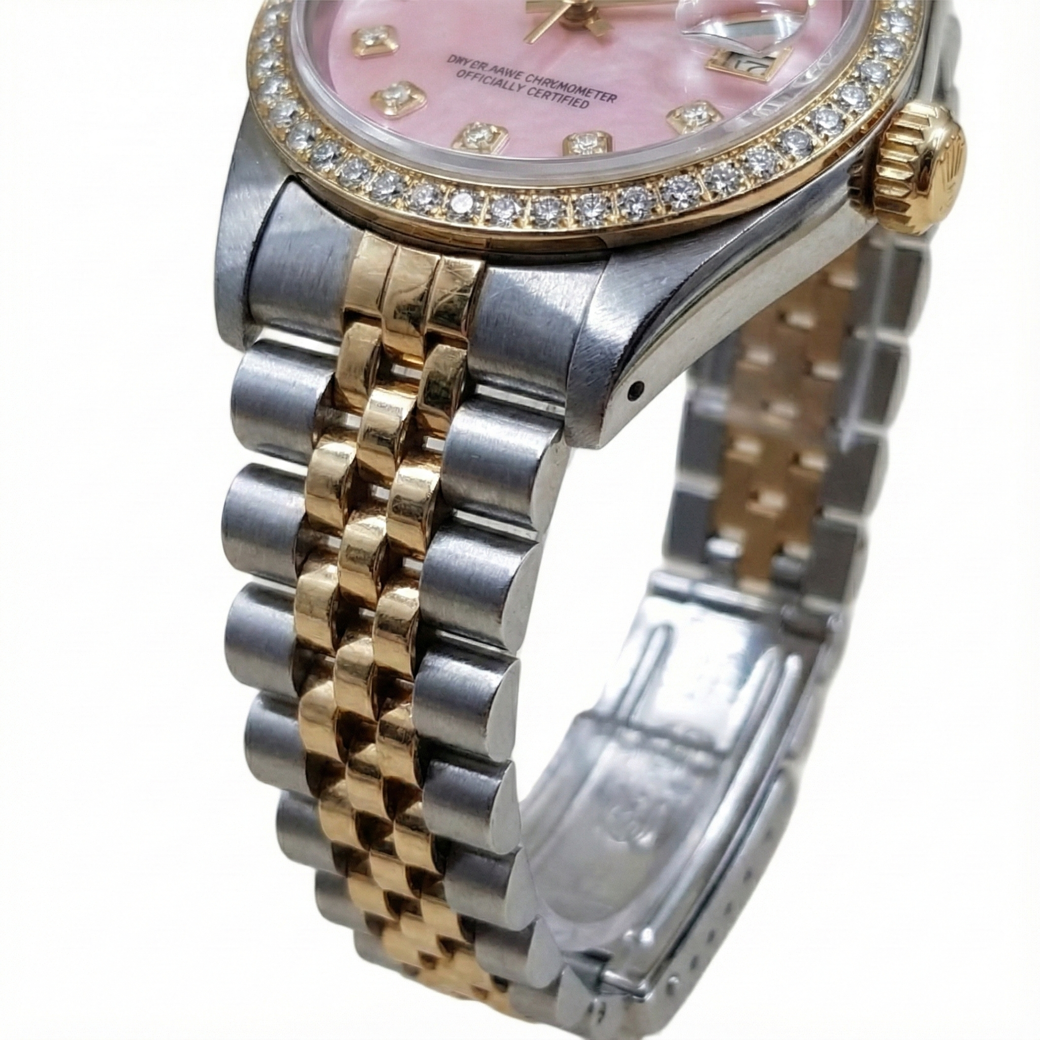 Rolex Ladies 18K Yellow Gold Pink Dial set Natural Earth Mined Diamond Watch