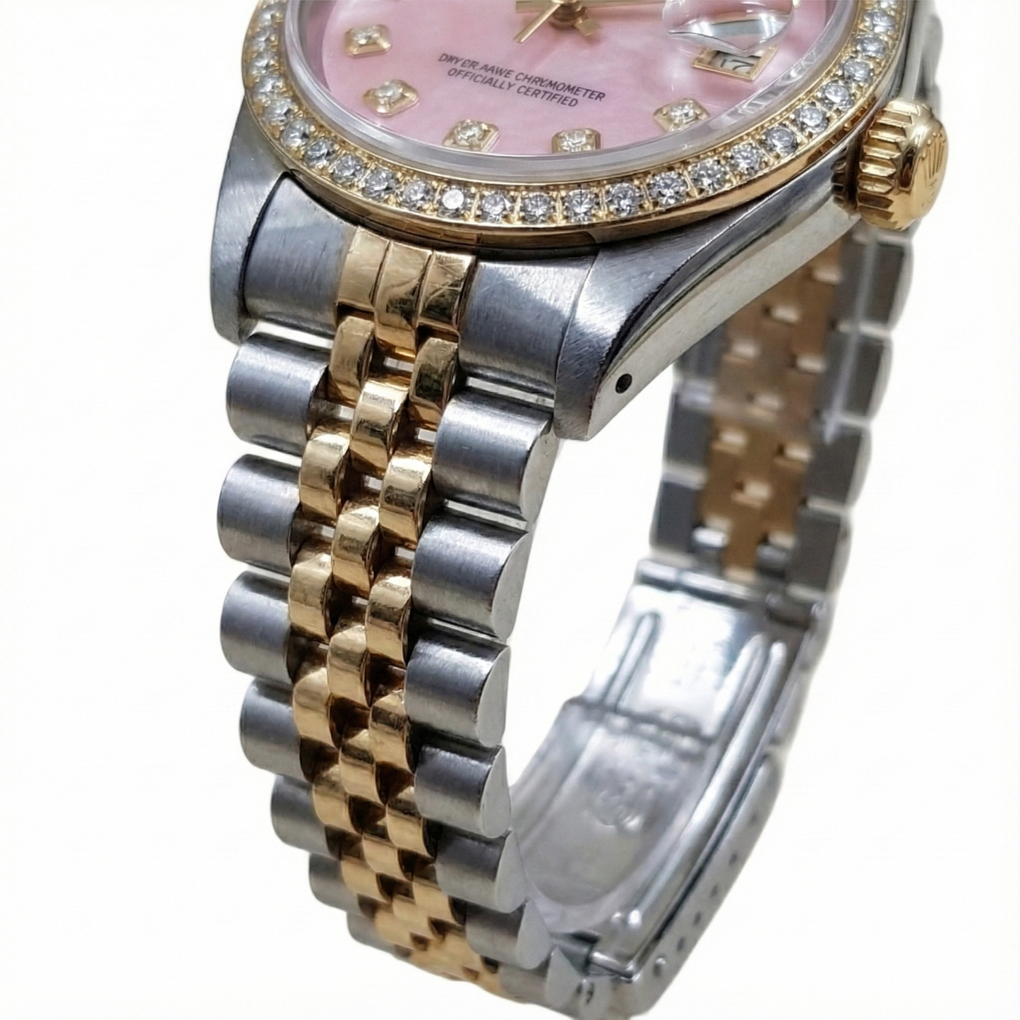 Rolex Ladies 18K Yellow Gold Pink Dial set Natural Earth Mined Diamond Watch