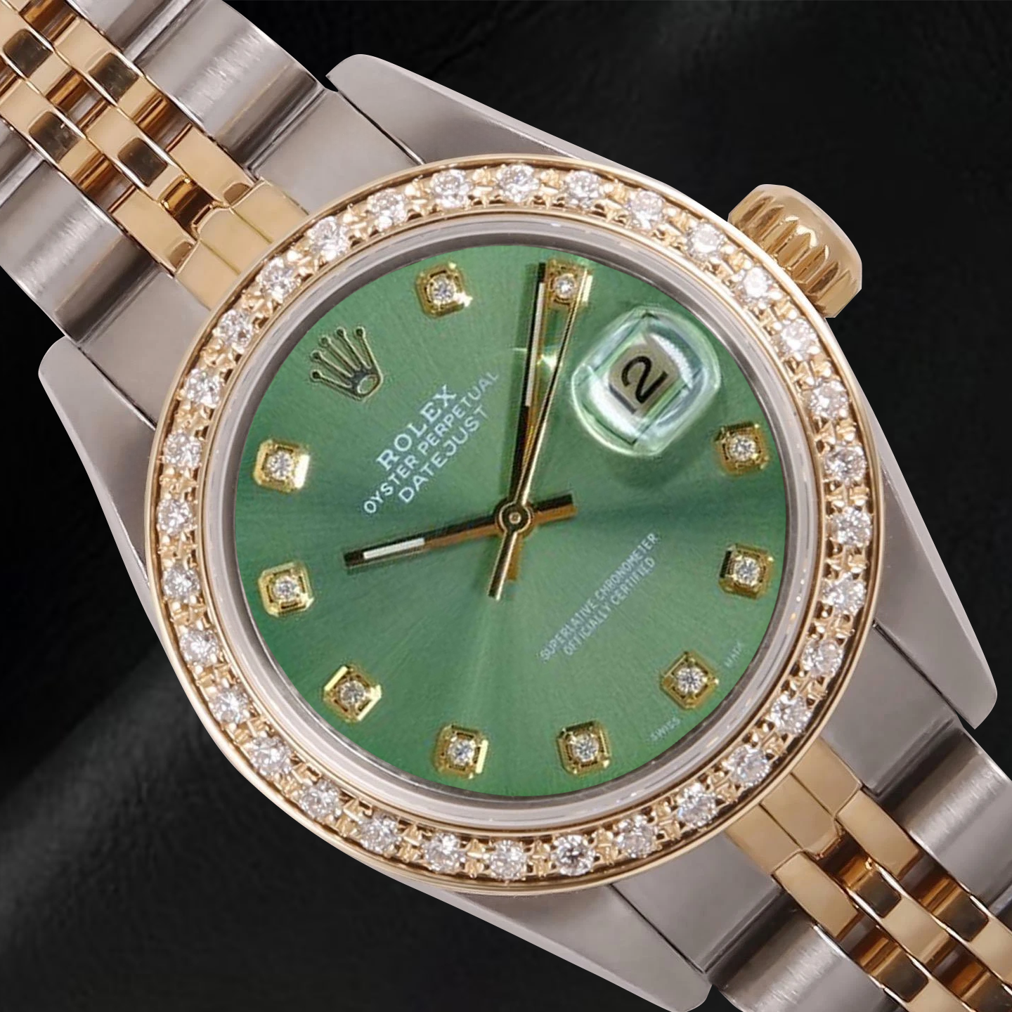 Rolex Ladies Datejust 26 mm Olive Green Diamond Dial Two Tone Watch