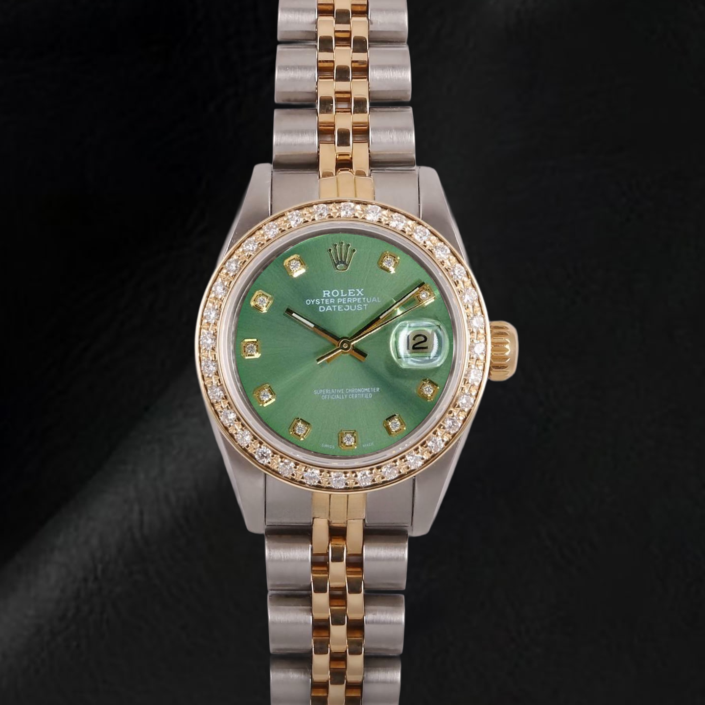 Rolex Ladies Datejust 26 mm Olive Green Diamond Dial Two Tone Watch