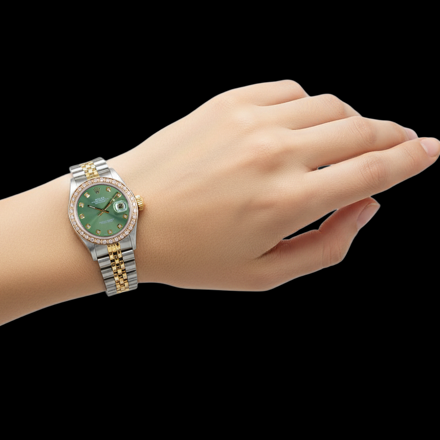 Rolex Ladies Datejust 26 mm Olive Green Diamond Dial Two Tone Watch P4