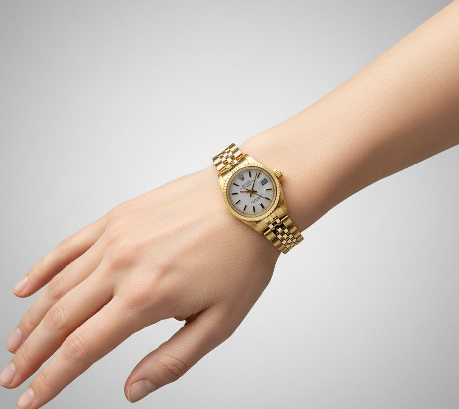 Rolex Lady-Datejust White Stick Dial President Style Bracelet Yellow Gold Watch P4