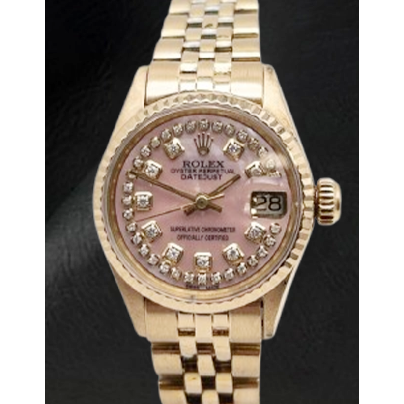 Rolex Lady Datejust Pink Mother Of Pearl String Diamond Dial Yellow Gold Watch