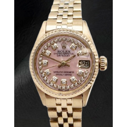 Rolex Lady Datejust Pink Mother Of Pearl String Natural Earth Mined Diamond Dial Yellow Gold Watch