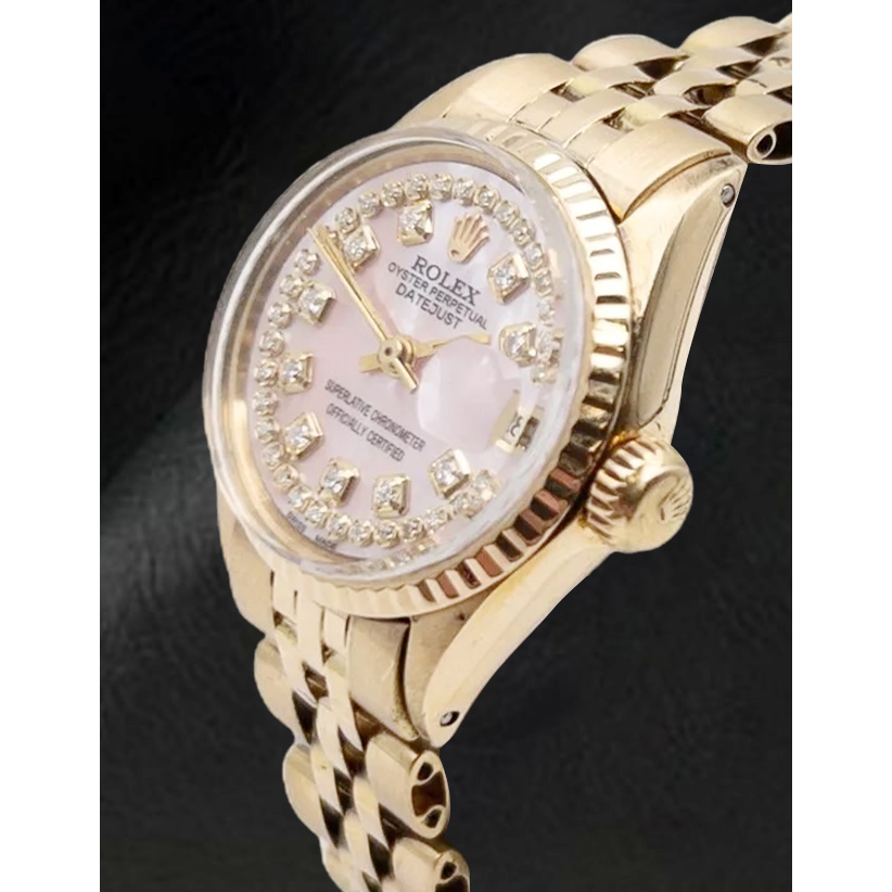 Rolex Lady Datejust Pink Mother Of Pearl String Diamond Dial Yellow Gold Watch