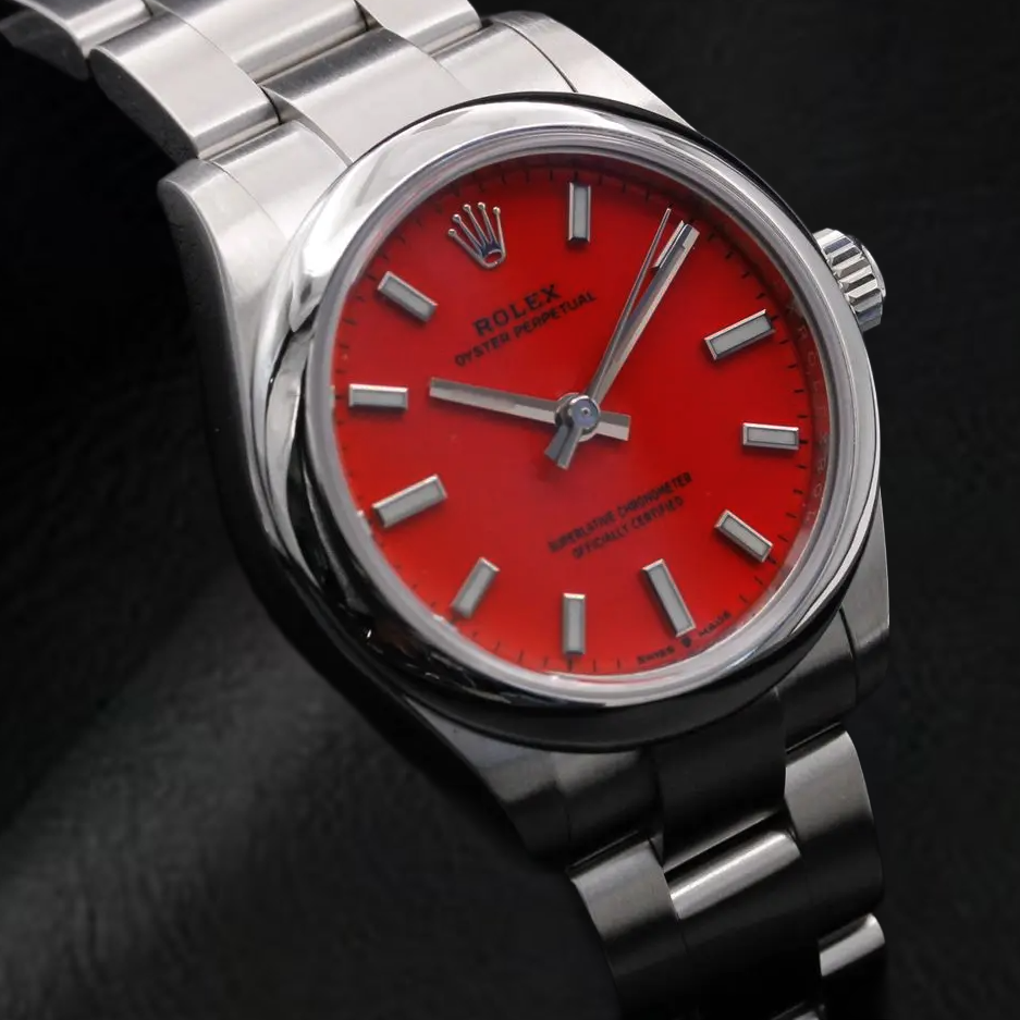 Rolex Lady Oyster Perpetual 31mm Red Luminous Dial Stainless Steel Watch