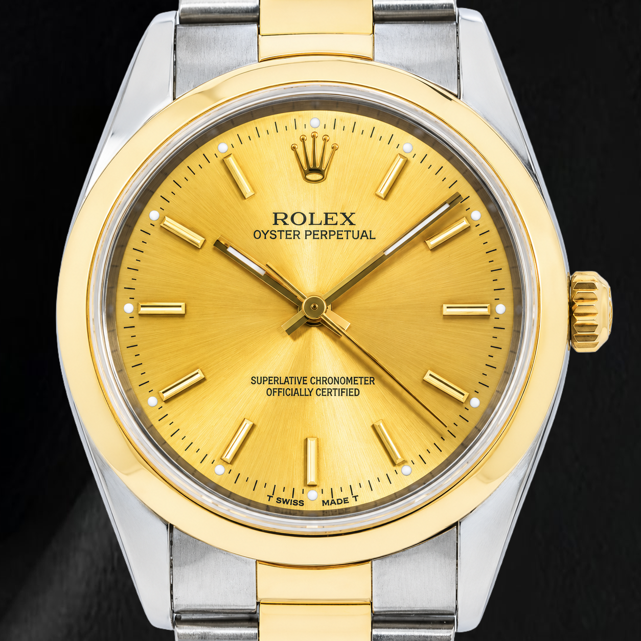 Rolex Oyster Perpetual 14203 34mm Champagne Stick Dial Two Tone Watch