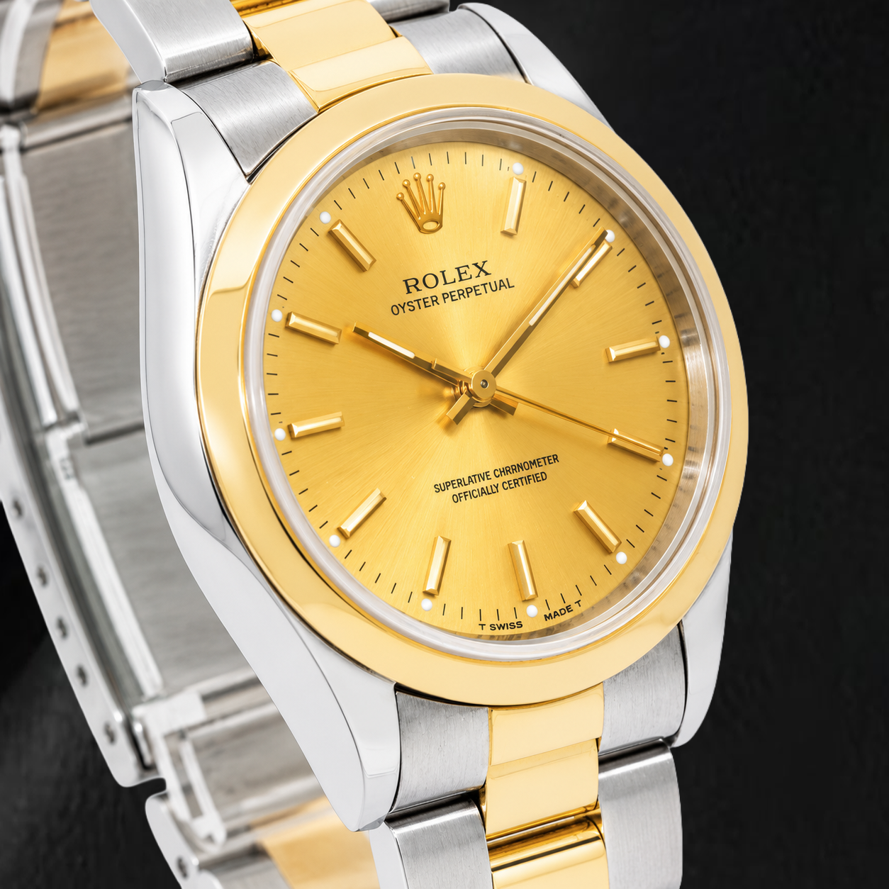 Rolex Oyster Perpetual 14203 34mm Champagne Stick Dial Two Tone Watch