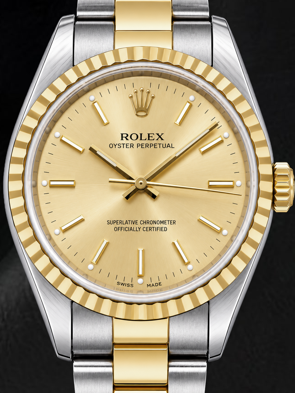 Rolex Oyster Perpetual 14233 34mm Champagne Stick Dial Two Tone Watch
