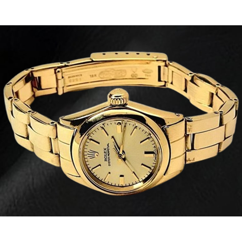 Rolex Oyster Perpetual 24 mm Champagne Stick Dial Watch Yellow Gold Oyster Bracelet