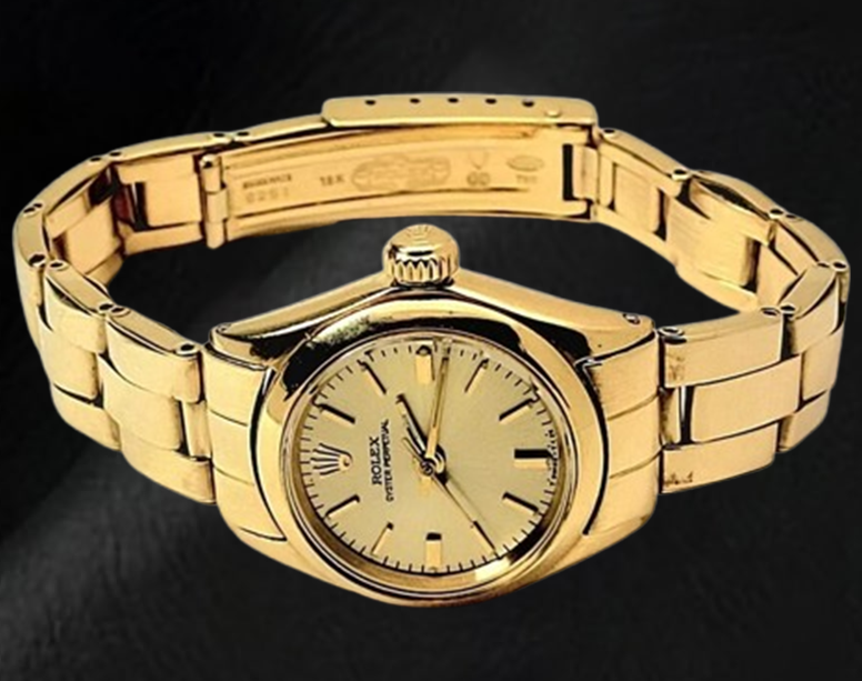 Rolex Oyster Perpetual 24 mm Champagne Stick Dial Watch Yellow Gold Oyster Bracelet