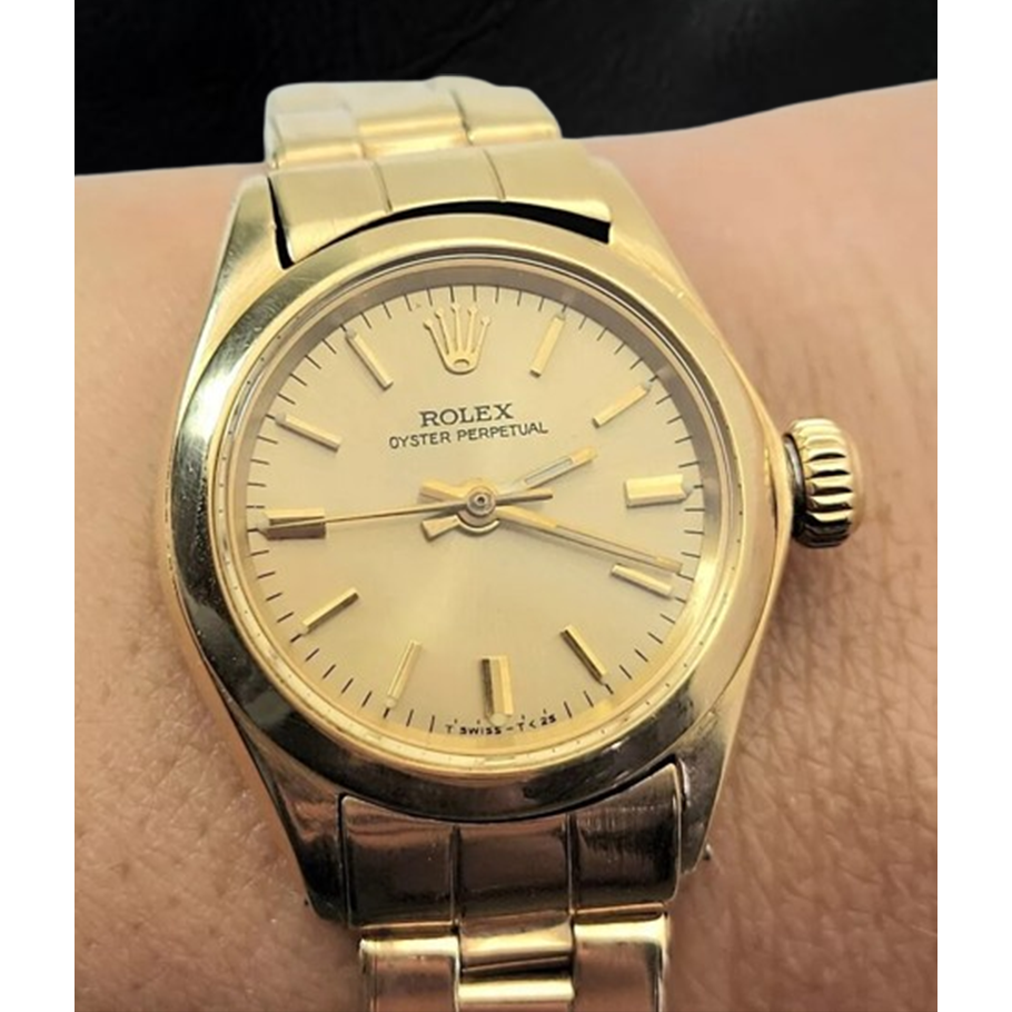 Rolex Oyster Perpetual 24 mm Champagne Stick Dial Watch Yellow Gold Oyster Bracelet