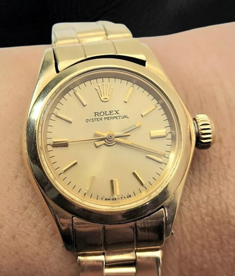 Rolex Oyster Perpetual 24 mm Champagne Stick Dial Watch Yellow Gold Oyster Bracelet