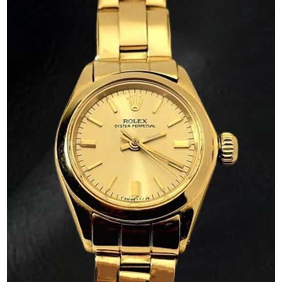 Rolex Oyster Perpetual 24 mm Champagne Stick Dial Watch Yellow Gold Oyster Bracelet